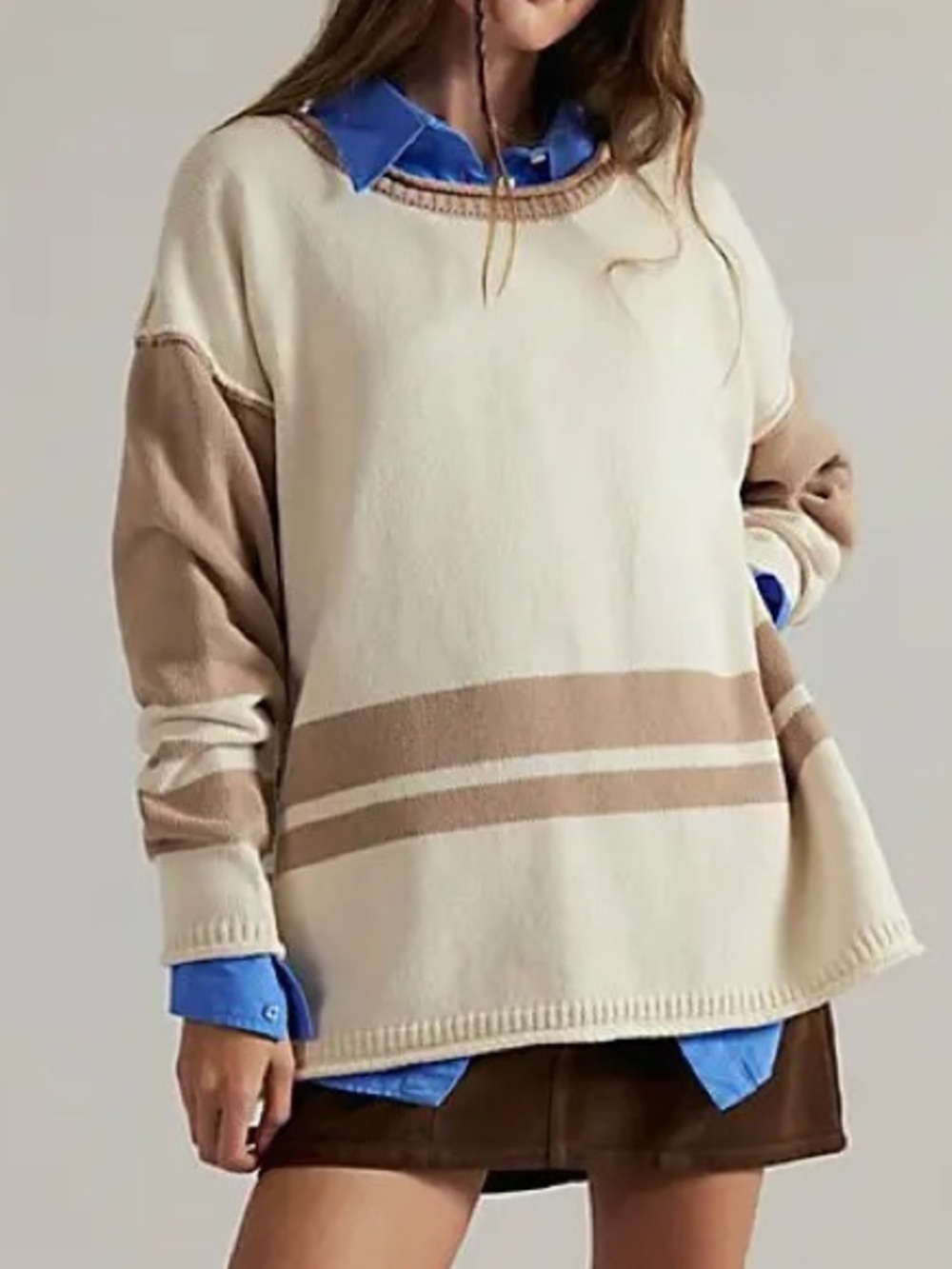 Free People We The Free Ella Colorblock Knit Sweater - Tan Combo - NWT